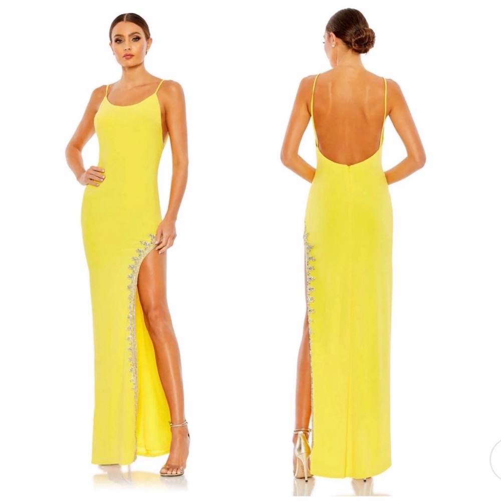 NWT Mac Duggal Yellow Rhinestone Encrusted Side Slit Cami Bodycon Gown